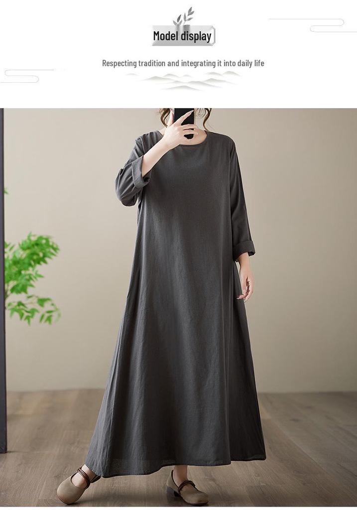 2026 Plus Size Cotton Linen Printed Round Neck Loose Long Sleeve Holiday Dress