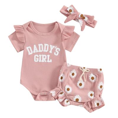Baby Girls Shorts Set, Short Sleeve Letters Print Romper Flower Print Shorts with Hairband Summer Outfit