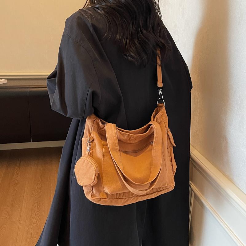 Large Capacity Tote Bag Canvas Bag Solid Color Student Crossbody Bag