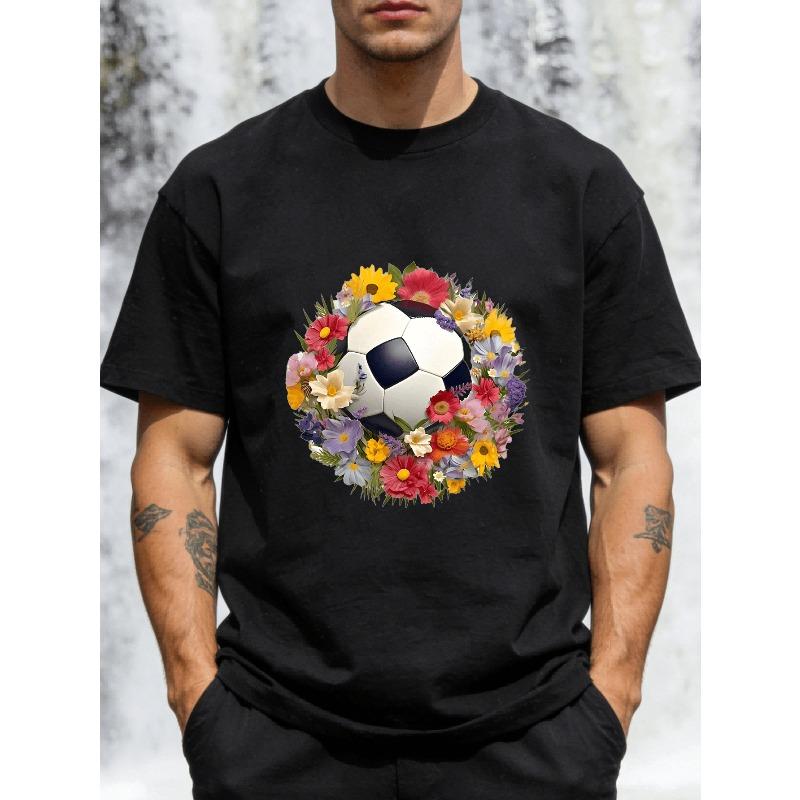 

European Size New Arrival Recommendation Men T-Shirt Soccer Ball Surrounded by Colorful Flowers Crew Neck Comfortable And Soft Local Delivery S чёрный