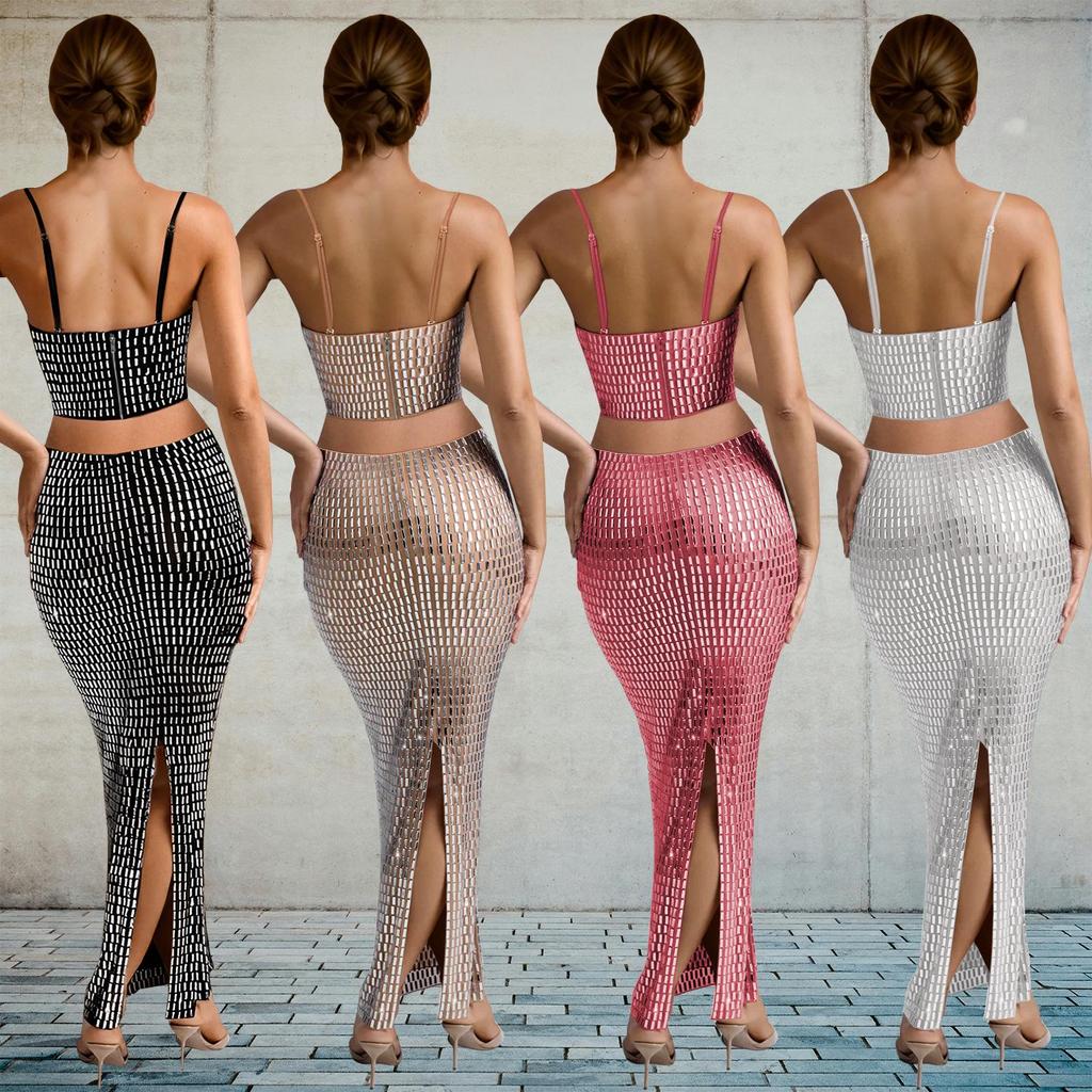 C7196 European and American Fashion Women's Sleeveless Spaghetti Strap Hot Drilling Long Dress Two-Piece Set