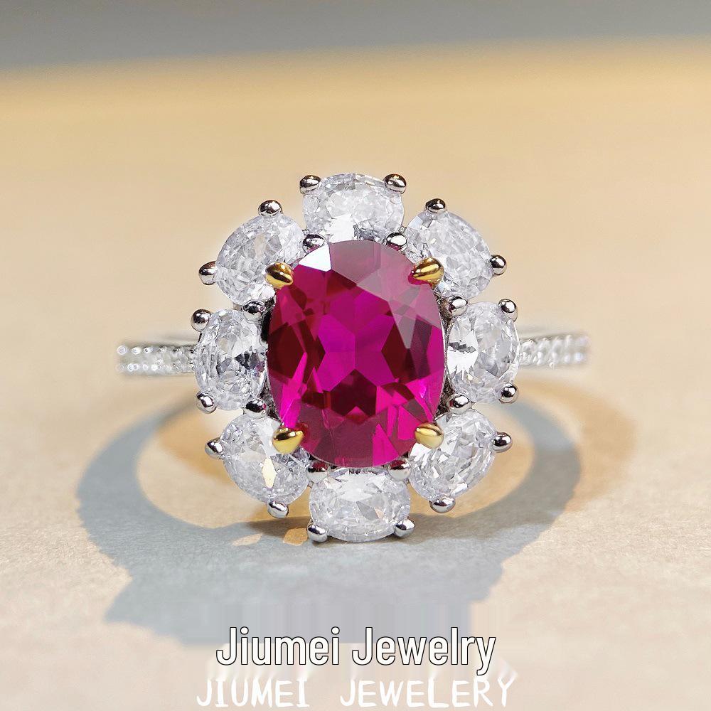 Women's 925 Sterling Silver Ring with Oval Ruby and Diamond Accents