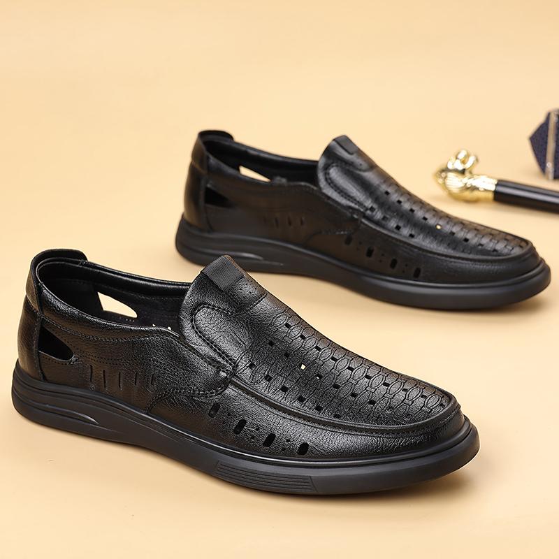 

Fashion Summer Brand Men Casual Hollow Out Shoes Soft Leather Men Loafers Shoe Fashion Designer Breathable Slip on Business Casual Shoes 44 чёрный
