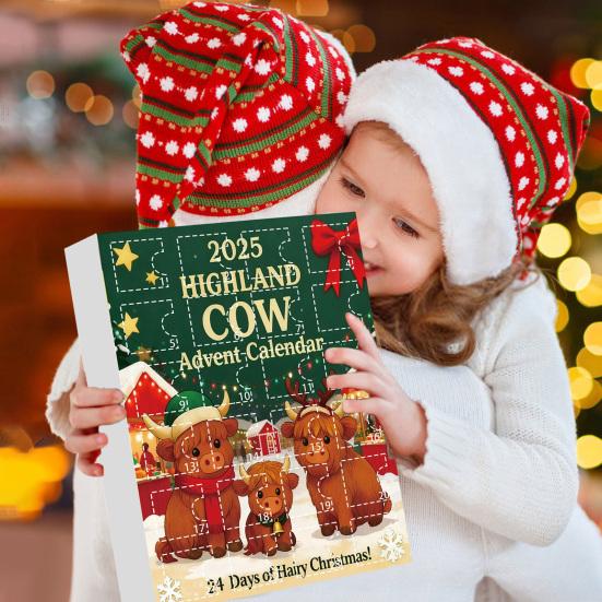 Highlandská kráva Adventní kalendář 2025 24denní krabička pro odpočítávání Vánoc s ozdobami Multifunkční dekorace na stromeček a sváteční zábava pro děti