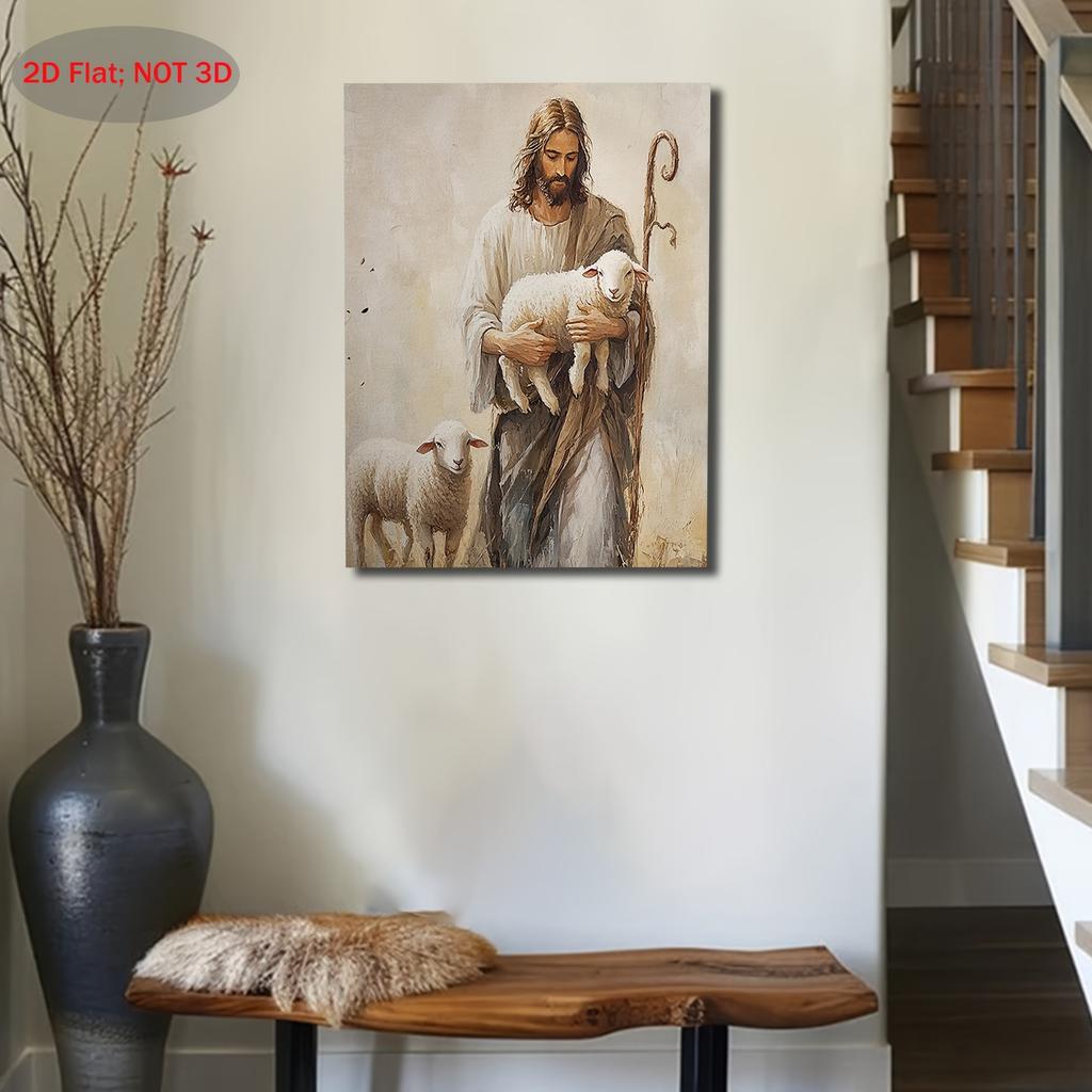 Vintage Jesus Carrying a Lamb Canvas Wall Art - Christian Shepherd Religious ArtworkInspirational Faith Home Decor for Bedroom, Living Room
