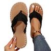 Women's Summer Straw Woven Flip-Flops: Flat Bottom Beach Sandals with Toe Post for Outdoor Use in Large Sizes