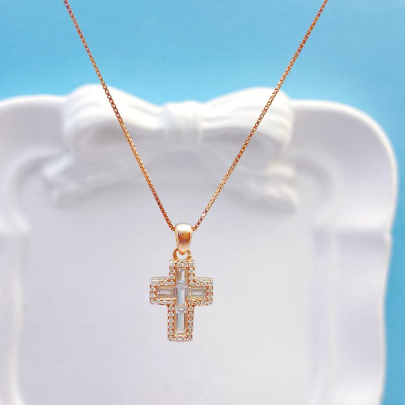 Rose Gold Electroplated S925 Sterling Silver Cross Necklace - European  American Fashion Light Luxury S925 Silver