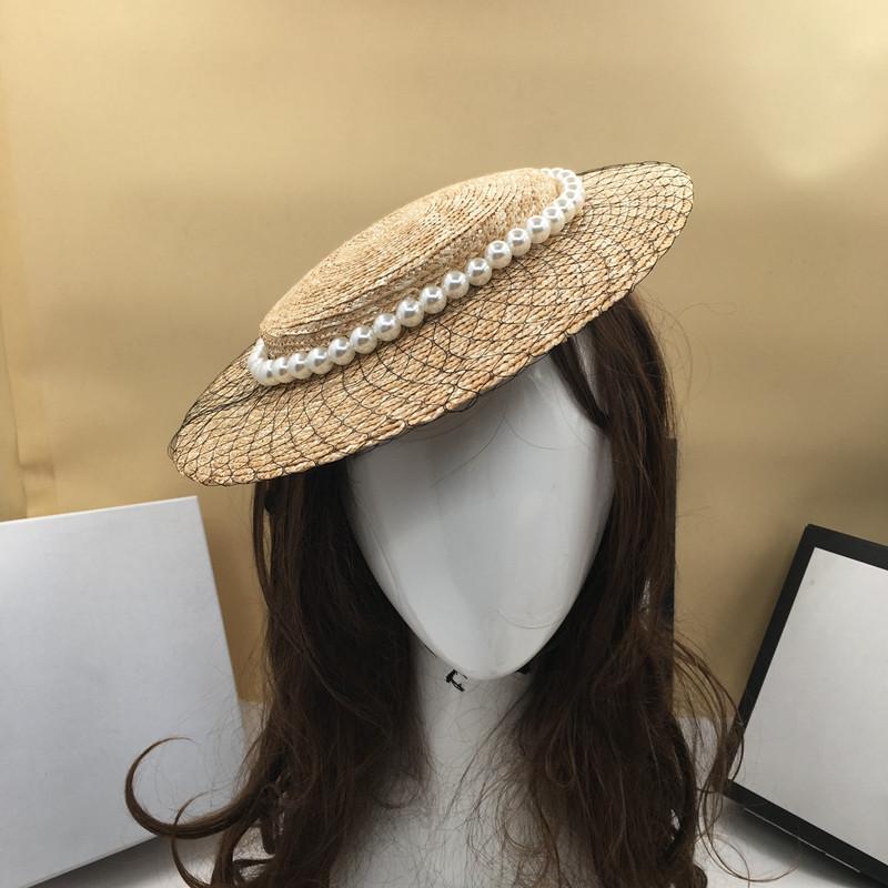 Straw Ladies Pearl Mesh Decoration Straw Hats Retro Tide Beach Sun Shade Womens Summer Caps Gril Fashion Elegante Wide Brim Hat