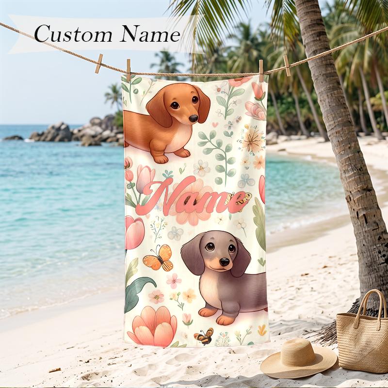 Cute PUPPY Custom Name Printed Beach Towel Personalized Soft Towel For Swimming Beach Travel