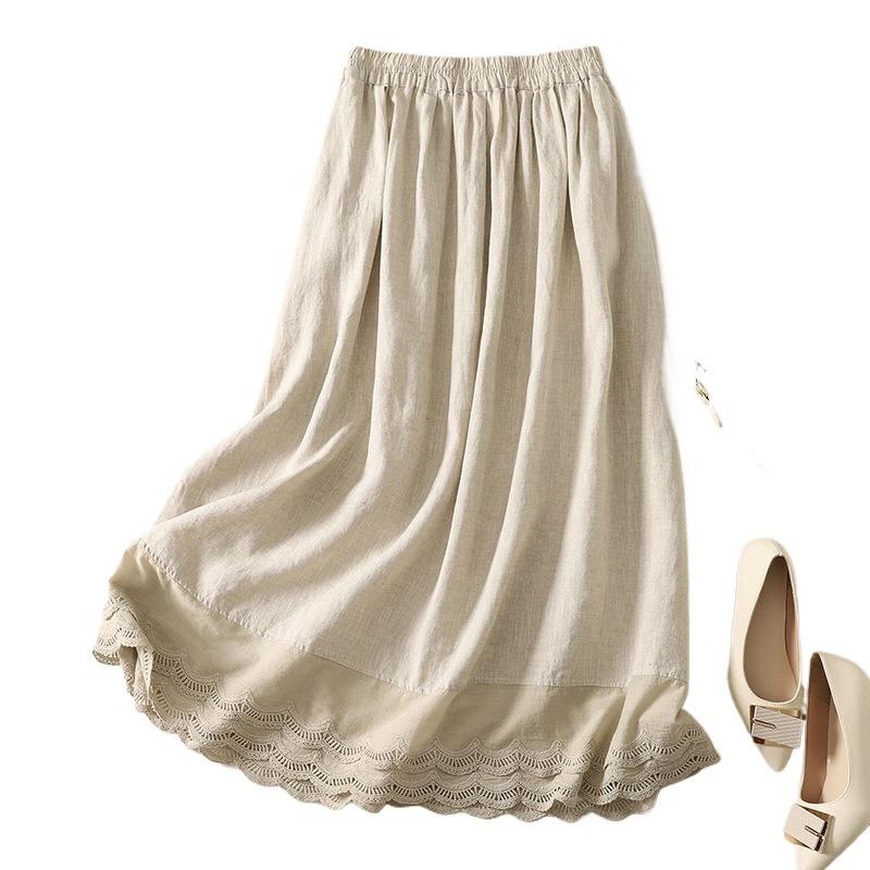 Real shot summer new literary loose splicing lace elastic waist skirt women's medium length