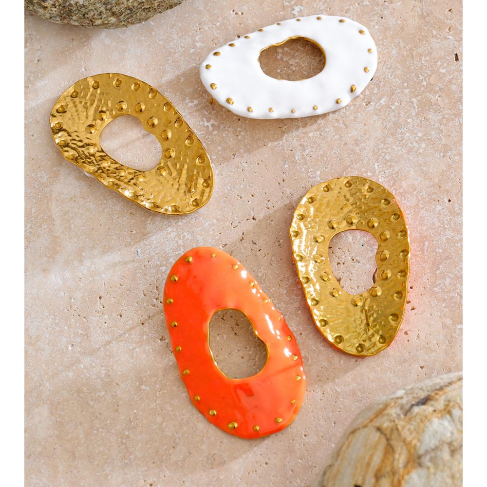 Eetit Stainless Steel Enamel Oval Hollow Stud Earrings Rust Proof Metal Fashion Jewelry Orange White Color