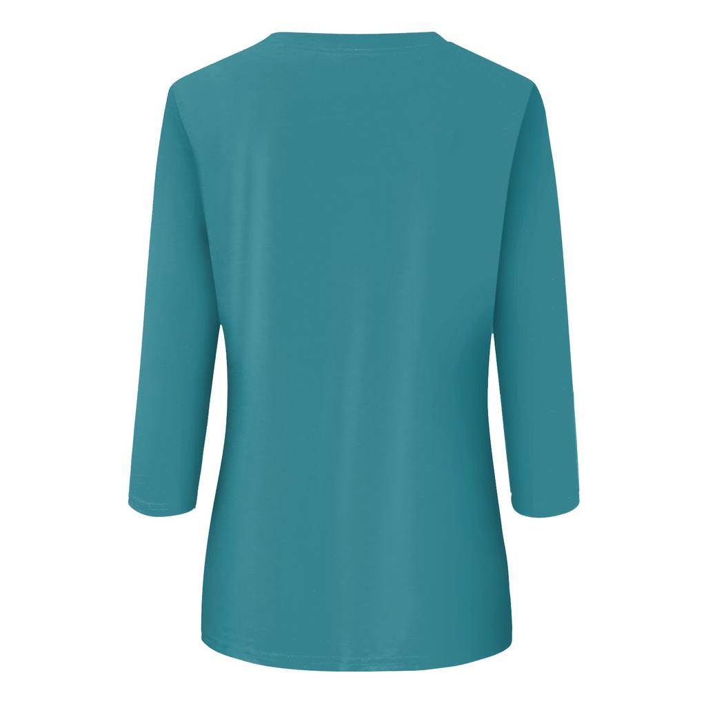 Women's Fashion Casual Round Neck 3/4 Sleeve Loose Color Button T-Shirt Ladies Top
