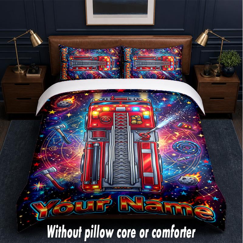Fire Truck Theme Custom Text Or Name 3Pcs Bedding Set,1 Flat Sheet & 2 Pillowcases Personalized Home Bedding