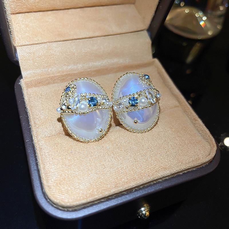 Zircon Mermaid Ji Pearl Geometric Oval Earrings French Light Luxury Premium Stud Earrings Temperament Earrings