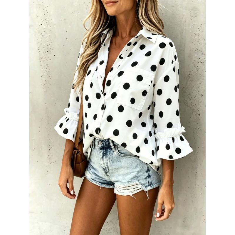 Women Loose Polka Dot Ruffle Sleeve Casual Button Down Shirt