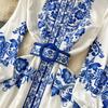 Módní přehlídka Červené a bílé porcelánové šaty Dámské Stojáček Dlouhý lucernový rukáv Modrý květinový potisk Košilové šaty Vestidos