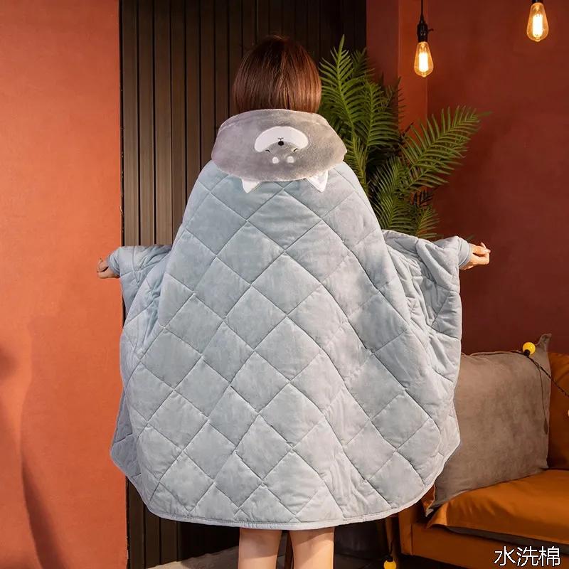 Cute Cartoon Office Cloak Shawl Nap Quilt Winter Home Lunch Break Thick Hooded Cloak Shawl Quilt Button Cloak Quilt