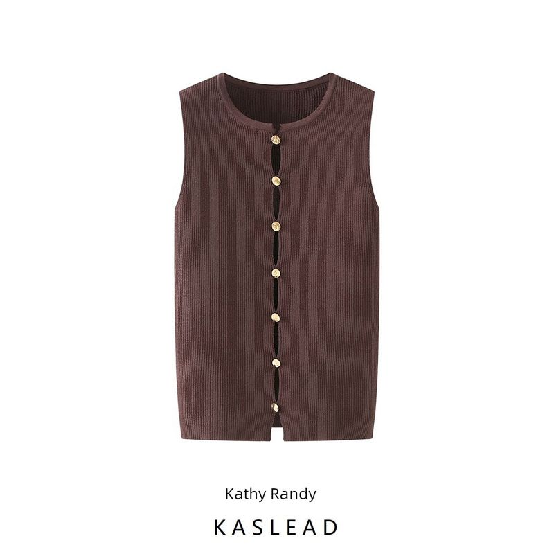 Kaslead New Women Clothes Western Style Fashion Round Neck Sleeveless Metal Button Knitted Slim Fit Vest
