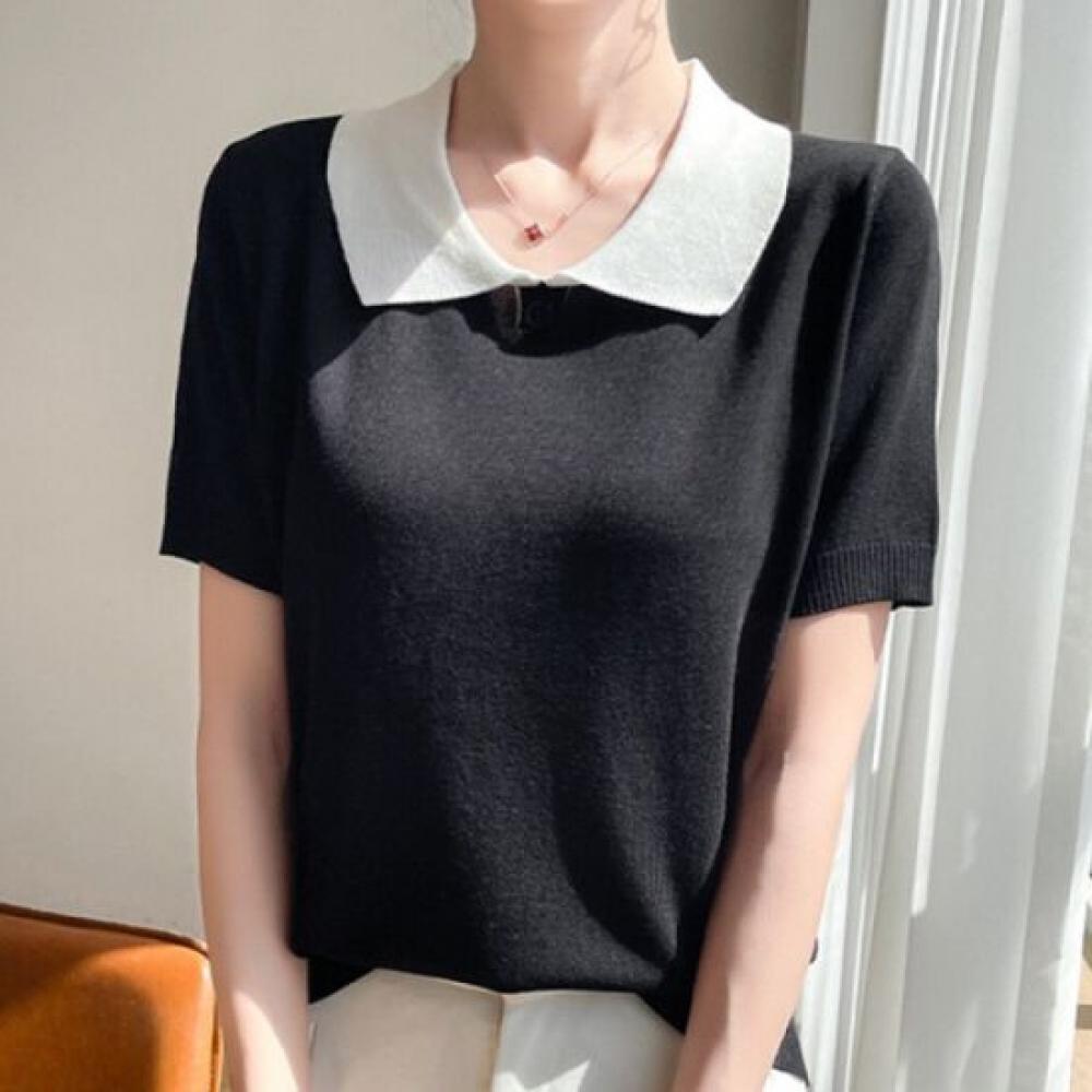 Navava Women Simple Daily Solid Collar ShorT Sleeve KniT T Nk2958