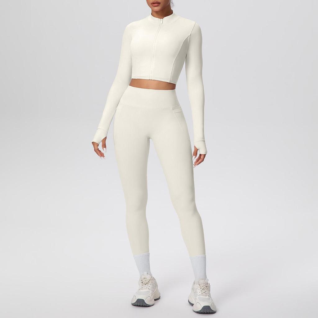 Zipper Crop Top Jacket & High-Waist Butt-Lifting Pocketed Pants Sports Set - Perfect for Yoga, Running, & Casual Fitness.