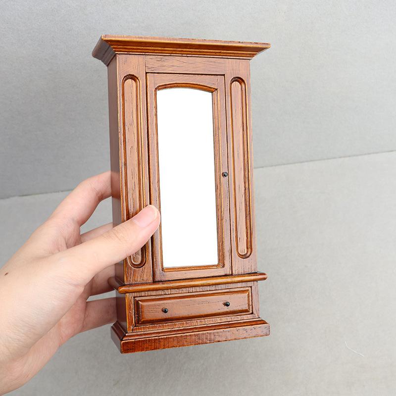 1 Piece 1:12 Miniature Scene Cabinet Dollhouse Mini Solid Wood Wardrobe With Mirror Bedroom Furniture DIY Accessories