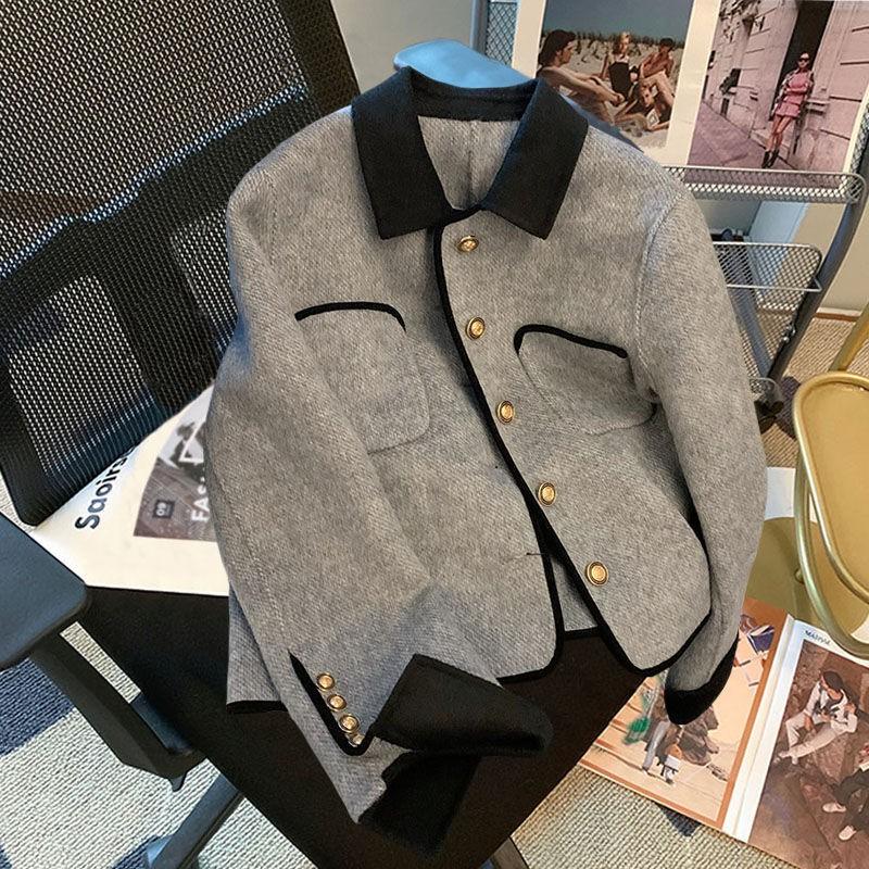 Womens Beige Double-Sided Wool Blend Short Coat Winter French Chic Casual Outerwear