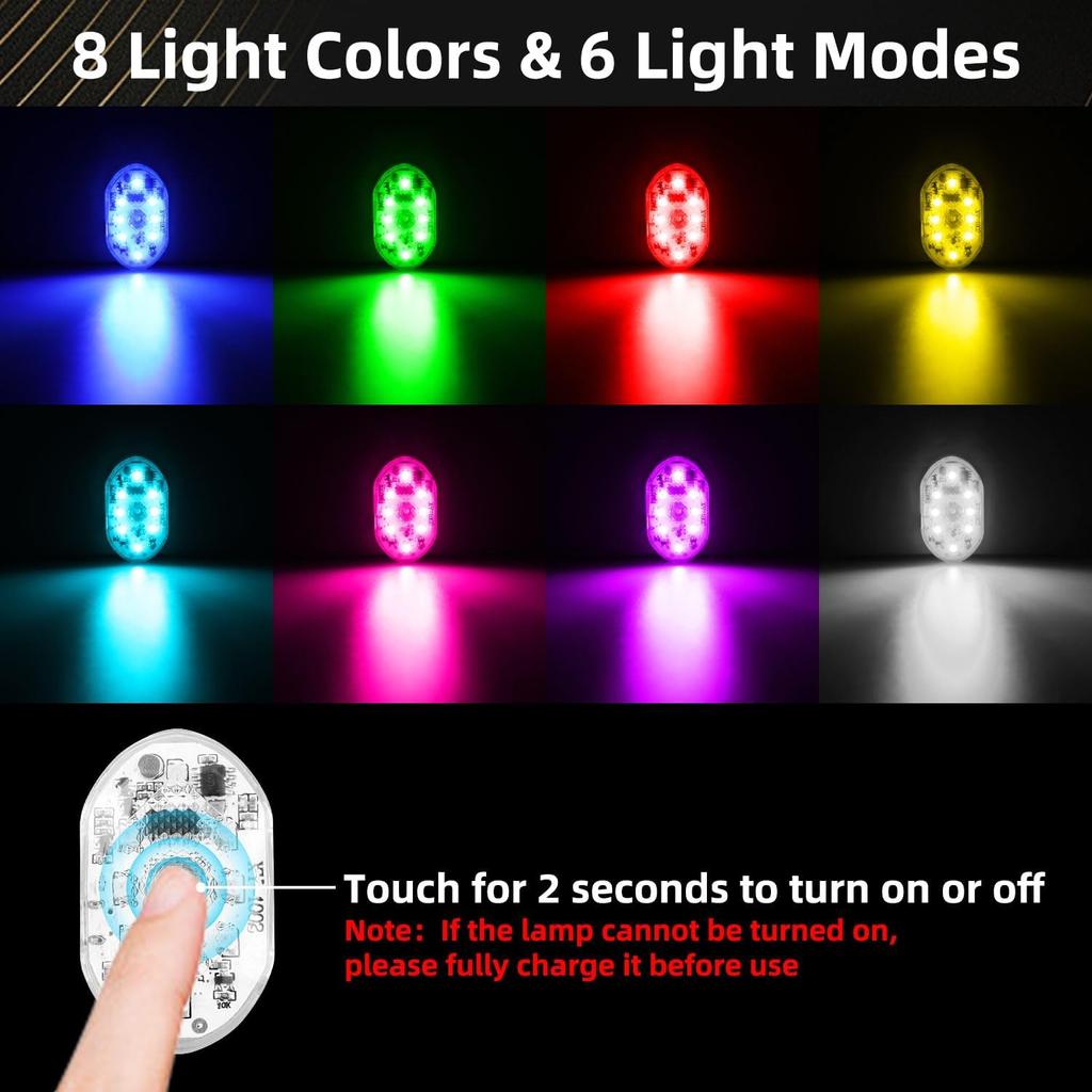 4Pcs Wireless LED Lights For Car With Remote Control, 8 Colors Car Interior Night Lights