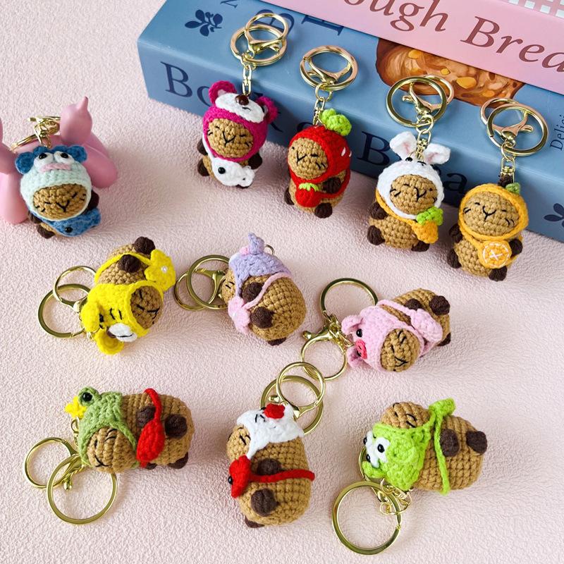 Hand Woven Cross Dressing Capybara Doll Yarn Crochet Capibala Keychain Mini Bag Car Keychain Handmade Pendant Ornament