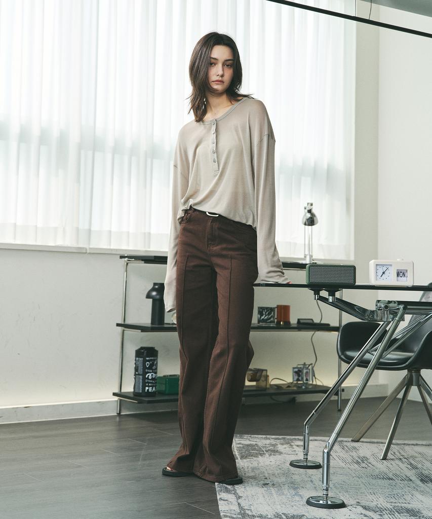 ROIROI Loose Fit Tencel Henley Neck Long Sleeve Tee - Khaki