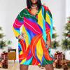 Women Plus Size V Neck Long Sleeve Pink Yellow Blue Printed Fitted Dress