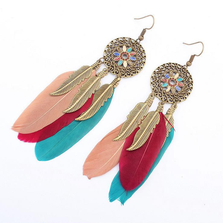 Wind Bohemian Painted Glazed Feather Fringed Earrings Fashion Temperament Women's Earrings Long Necklace Accessories