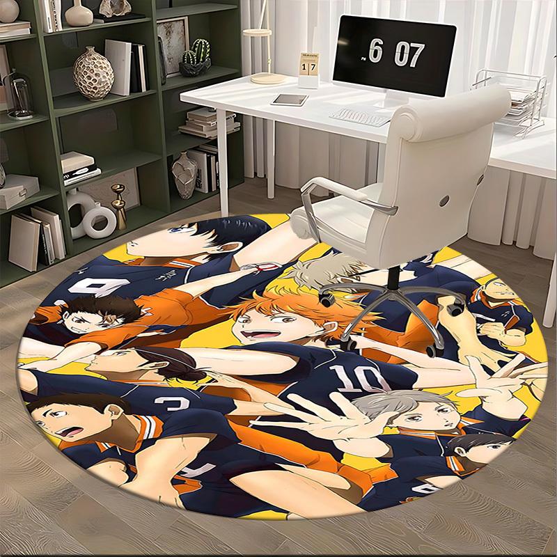 1pc Haikyuu Karasuno High Volleyball Team Round Carpet - Anime Design, Office Chair Mat, Non-Slip Rug, Suitable for Home Decor, Living Room