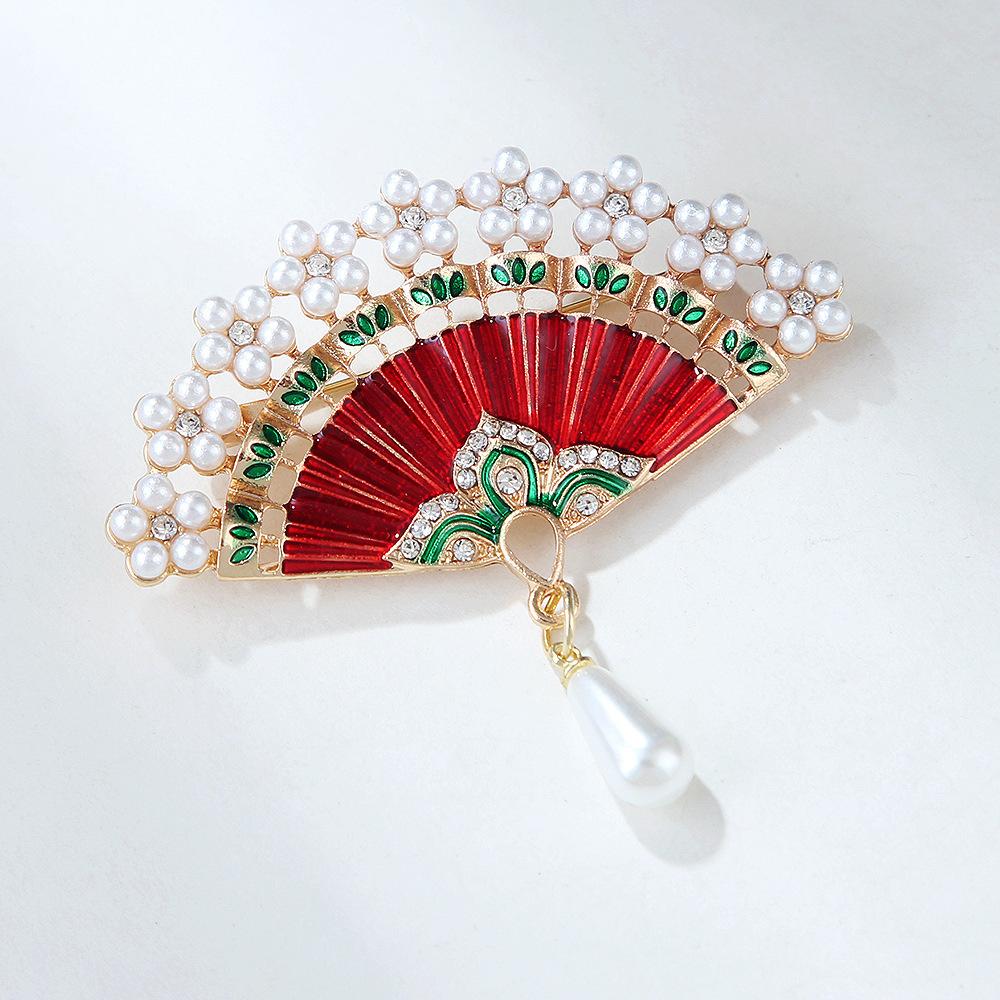 Chinese Style Retro Oil Drip Pearl Bamboo Fan Pendant Brooch Fashion Corsage Flower Pin Female Long-Lasting Color Exquisite Hypoallergenic Brooch Gift