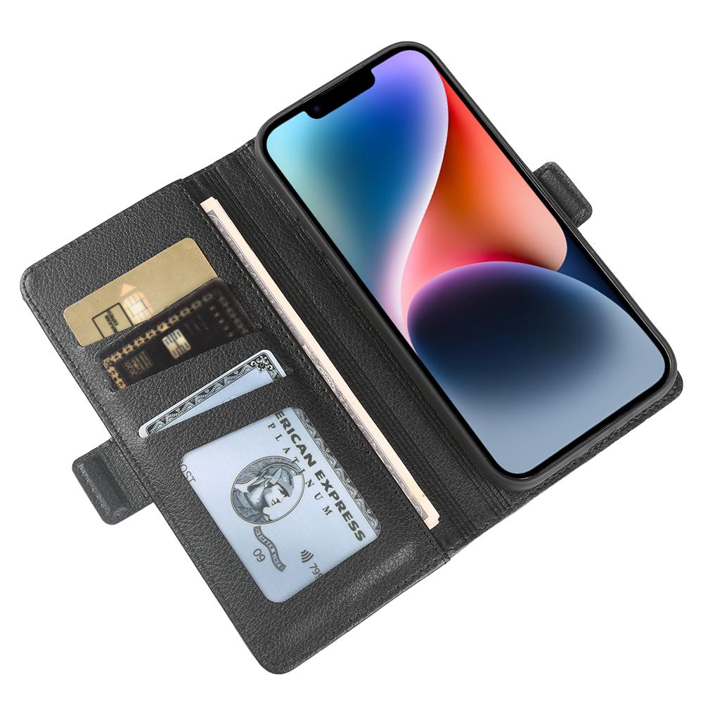 For iPhone 14 Wallet Case with Dual Magnetic Clasp Litchi Textured Leather Flip Stand Phone Cover
