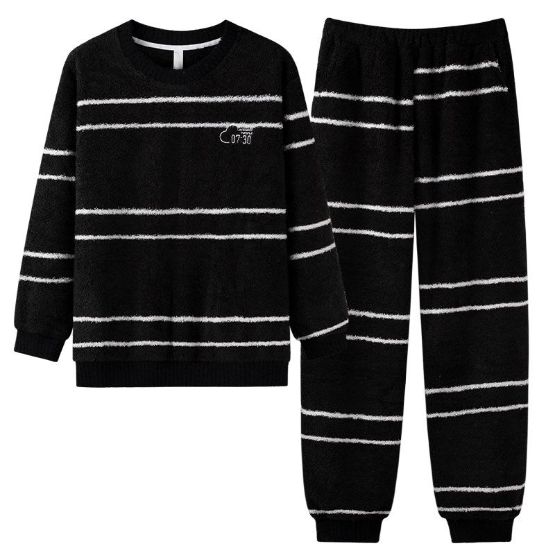 Half-Fleece Pajamas Women'S Autumn And Winter Fleece Thickened Long-Sleeved Suit Winter Warm Striped Fashion Loungewear