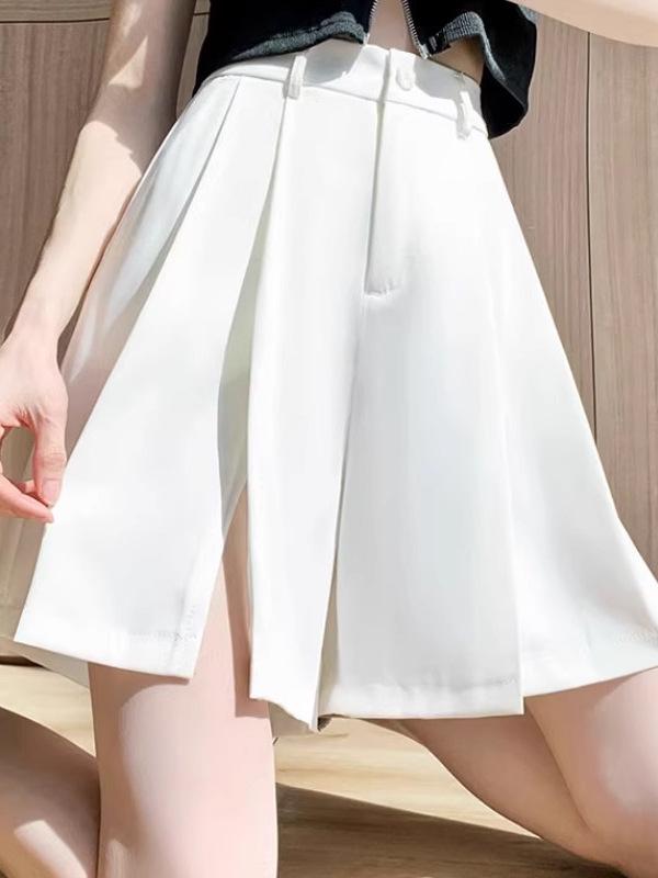 2024 New Black High-Waisted Pleated Wide-Leg Shorts - Slimming, Casual, Slit Design