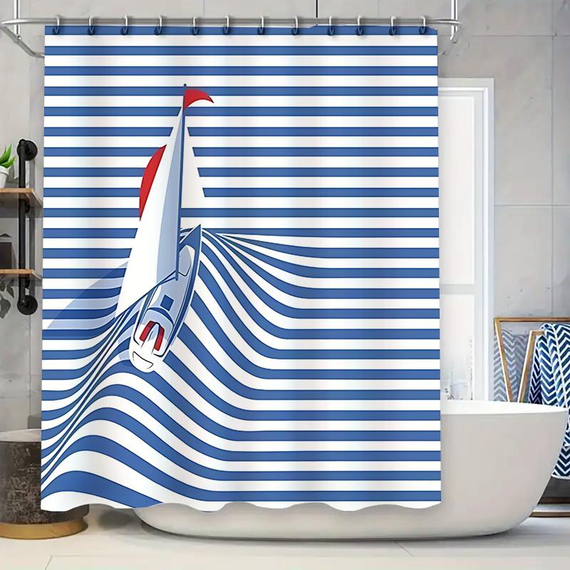 Luxury Nautical Sailboat Bathroom Curtain Waterproof Coastal Decor Spa Relaxation Blue Ocean Theme Premium Fabric Elevate Space