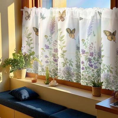 Lavender Print Short Curtain Country Style 1 Panel Sheer Valance Curtain for Small Window/Kitchen Voile Curtain Home Decor