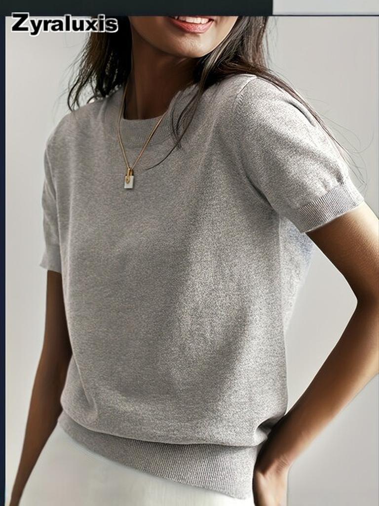 Women's Knitted Short Sleeve T-Shirt for Summer Casual Loose Pullover