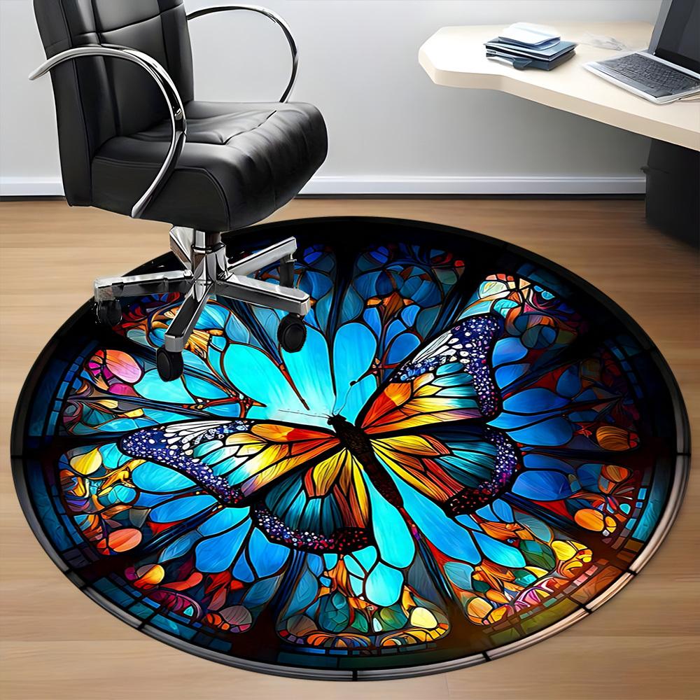 1PC Butterfly StainedGlass Office Round Area Rug,  Mat Suitable ForOffice, Under Office Chairs Bedroom Living Room Home Decor, Room Deco