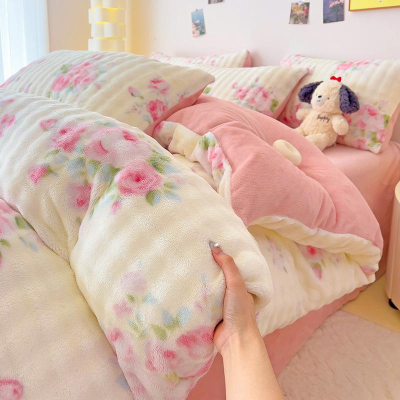 Thickened Milk Fleece Four-Piece Set, Milk Fleece Coral Fleece Bed Sheet Quilt Cover Double-Sided Flannel Bed Three-Piece Set