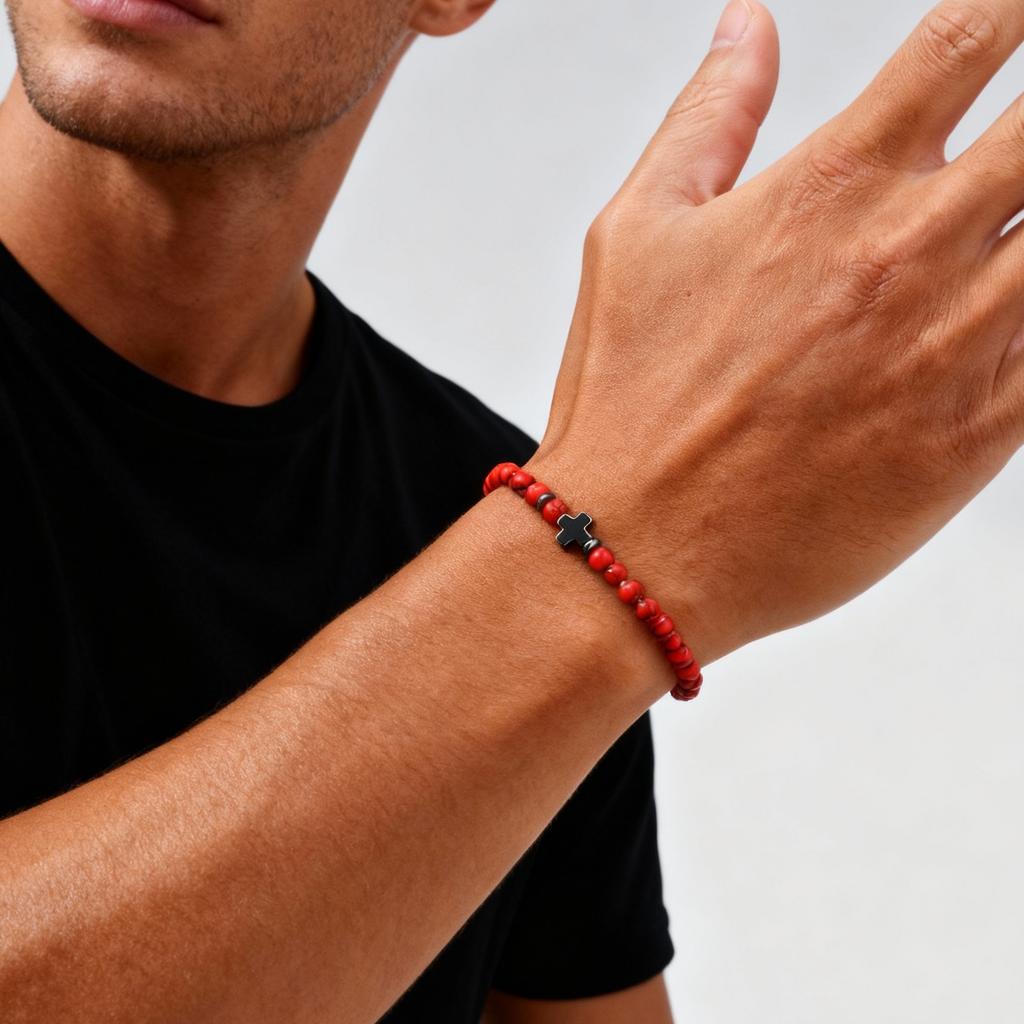 Gallstone Cross Beaded Bracelet for Men Boys,4mm Red Pine Stone Black Onyx Elastic Wristband,Simple Stackable Jewelry
