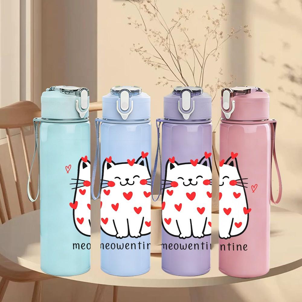 1PC Cat Full Of Red Hearts Print 750ml Color Plastic Sports Water Bottle Leakproof Flip Straw Lid Suitable for Sports Office Home Use