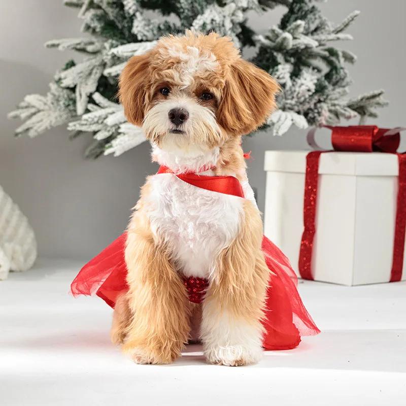 Bow & Belt Design Christmas Sequin Tutu Dog Dress, Red Velvet Halter Skirt, Holiday Pet Outfit for Small/Medium Dogs,