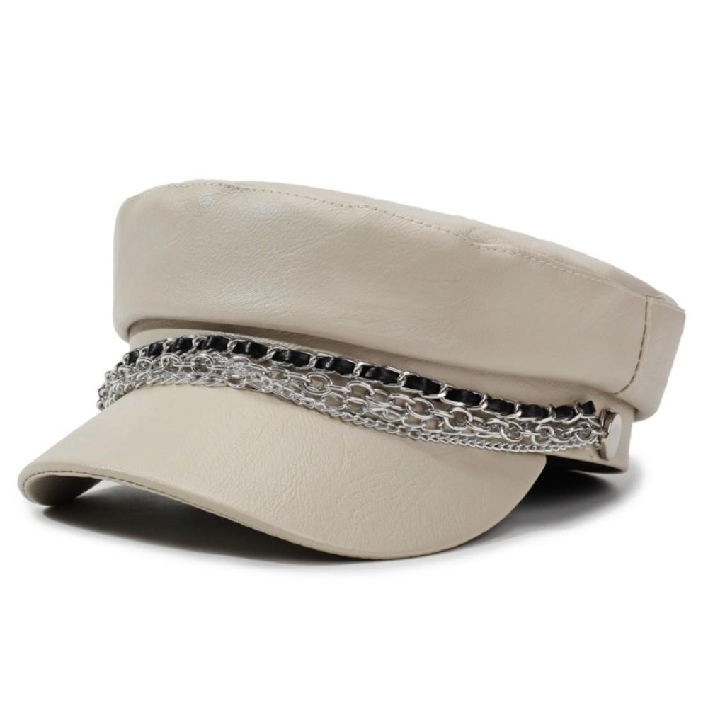PU Leather Beret Hat Silver Chain Decor Octagonal Beret Cap Vintage Peaked Hat  Autumn Winter