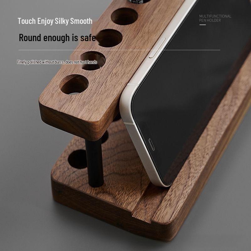 Vintage Wooden Desktop Pen & Phone Holder - Multifunctional Stationery Organizer