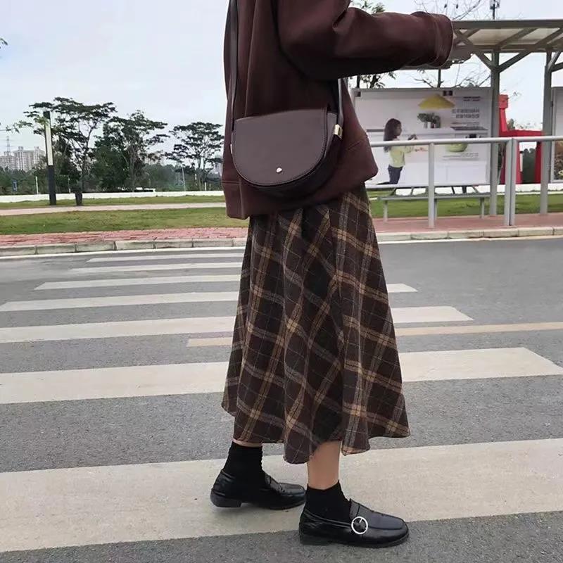 Vlněná kostkovaná sukně Dámská Podzim a Zima Nový styl Volný Retro Britský styl Středně dlouhá taška s vysokým pasem Dlouhá sukně do A