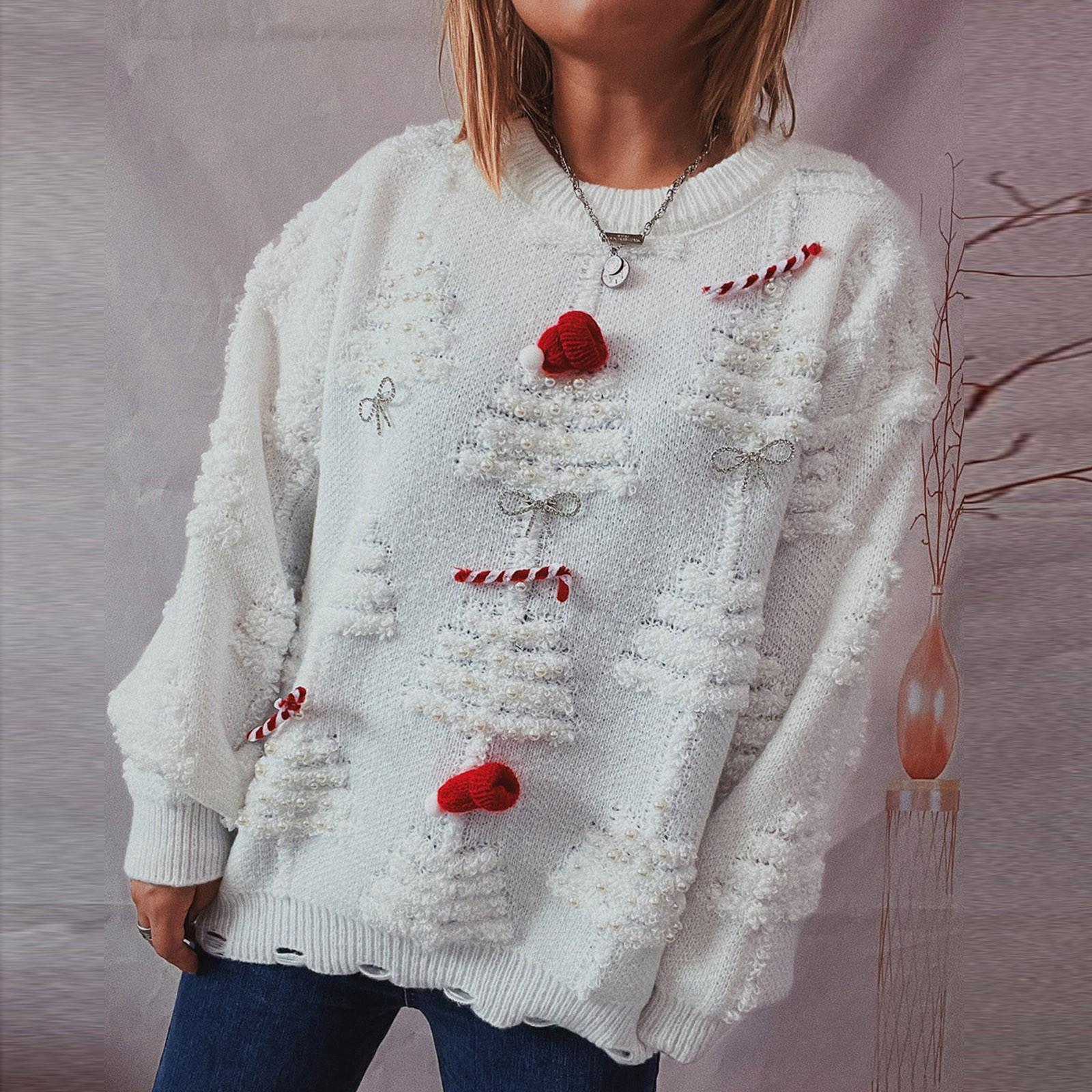 

Женский осенне-зимний модный рождественский свитер, длинный свитер с круглым вырезом XL белый