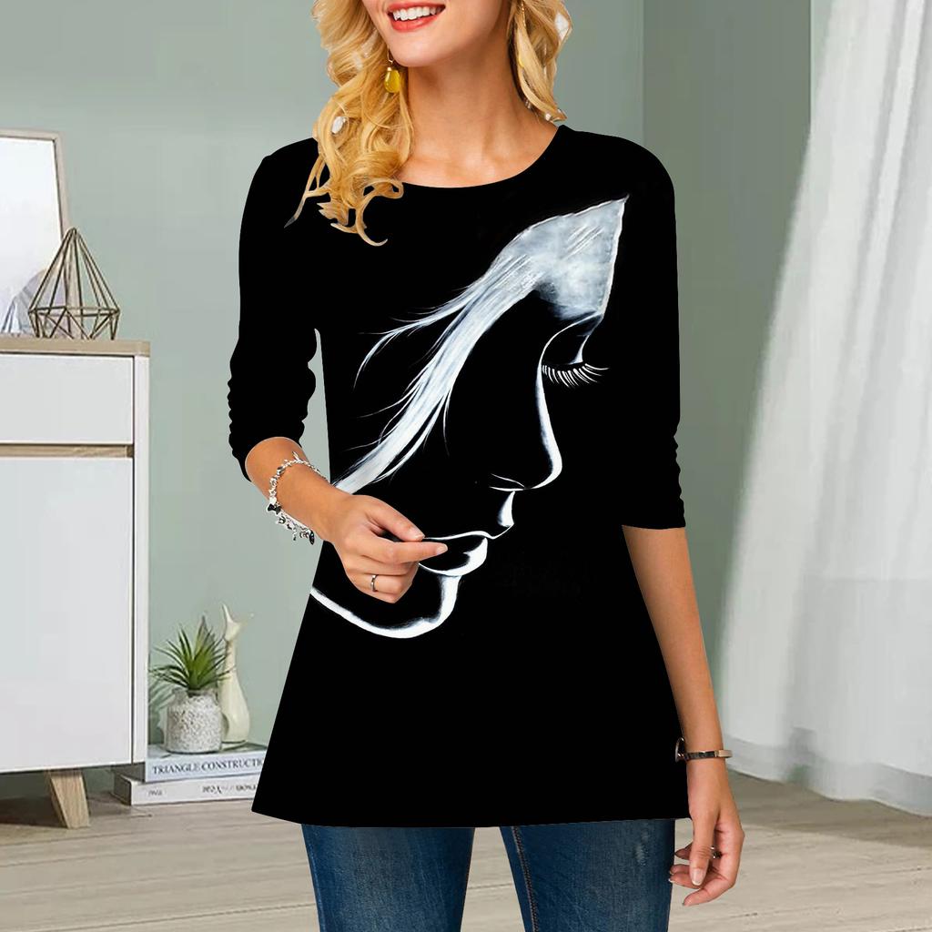 Plus Size Women Flower Face Recognition Print Round Neck Casual Loose Long Sleeve Top