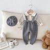 New Fall/Winter Infant Waffle Knit Cardigan & Striped Long Sleeve Overalls Set